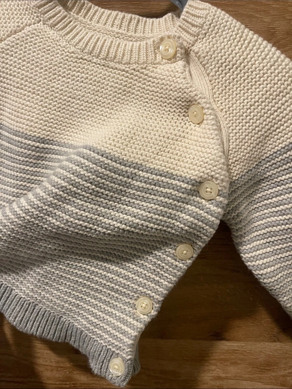 baby GAP Cream and Light Gray Knit Baby Sweater with Button Detail